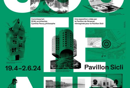 Affiche de l'exposition "Soutenir" de la Fondation Pavillon Sicli du 19 avril au 2 juin 2024. Elle est verte et présente plusieurs oeuvres présentées lors de la manifestation.