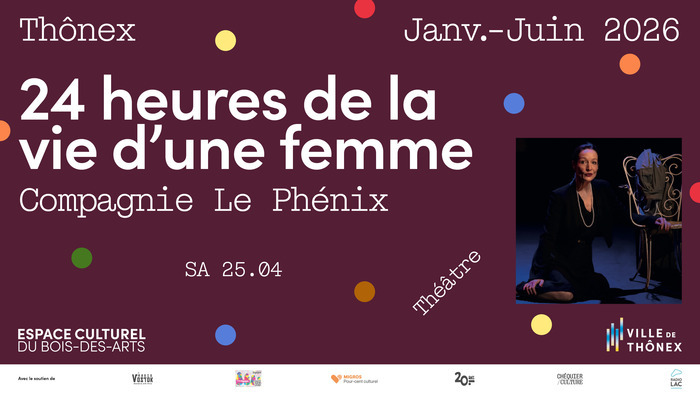 sur fond grenat, il y a des petits points de couleurs avec les informations à gauche de l'image et à droite une photo de l'artiste