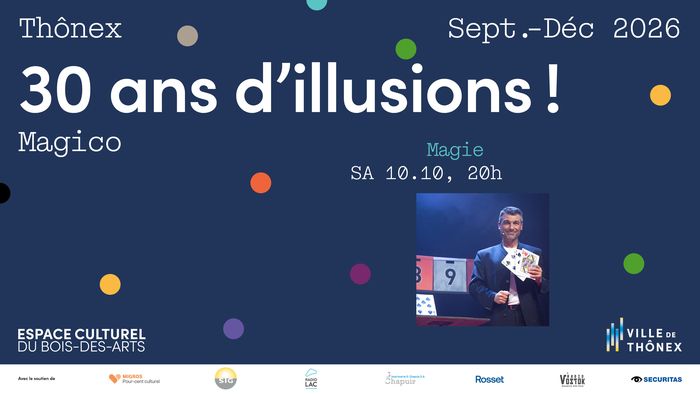 sur fond bleu, il y a des points de couleurs un peu partout, une image du magie sur la droite et les informations sur la soirée en haut de l'affiche