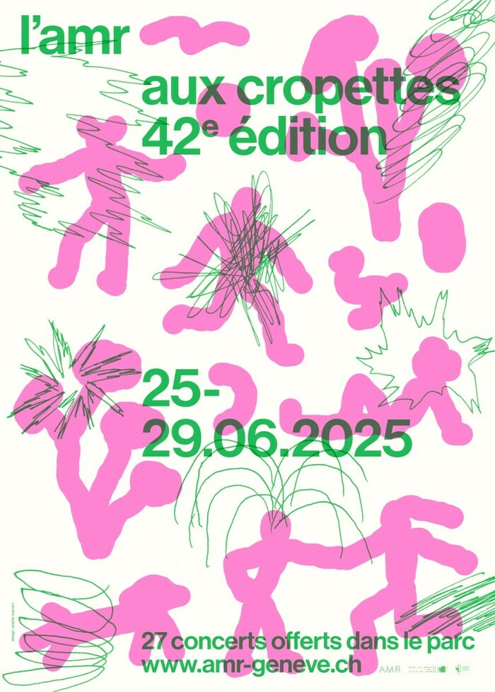 Juliette Mancini Affiche graphique colorée pour la 42e édition de l’événement « l’AMR aux Cropettes ». Le texte vert est posé sur un fond blanc avec des formes abstraites roses et des traits verts évoquant des plantes ou des mouvements artistiques. L’ensemble est ludique et créatif.
