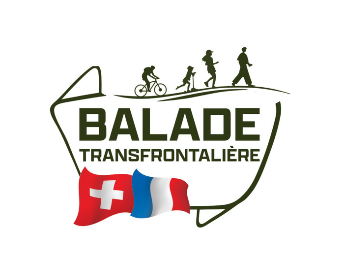 Logo de la Balade transfrontalière montrant des personnes à vélo et à pied. Présence des drapeaux suisse et français