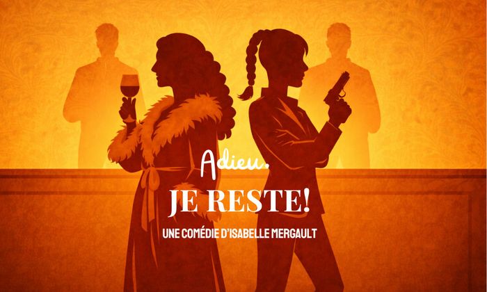 Au premier plan, deux silhouettes féminines se tiennent dos à dos.
À gauche, une femme élégante aux cheveux volumineux et bouclés, portant  une étole à col de fourrure. Elle tient un verre de vin rouge à la main. À droite, une femme aux cheveux tressés, vêtue d'une veste ajustée. Elle tient un revolver. En arrière-plan, plus claires et légèrement estompées, deux silhouettes masculines se devinent de part et d'autre : l'une à gauche, l'une à droite, comme des ombres.
Au centre de l'image, le…