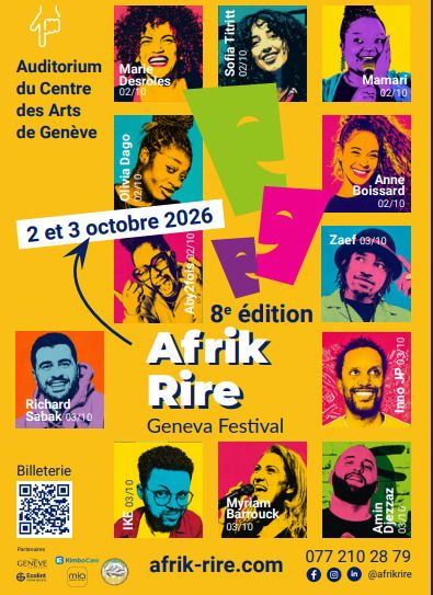 Affiche orange avec portraits des humoristes invités