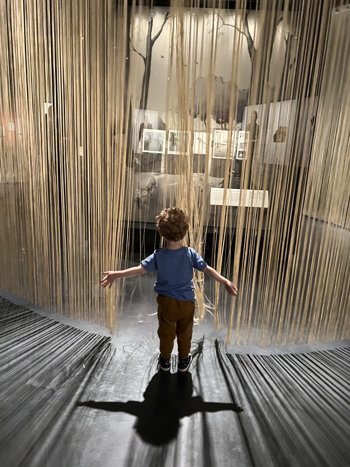 AHO MEG Un enfant joue avec des rideaux dans une exposition du MEG.