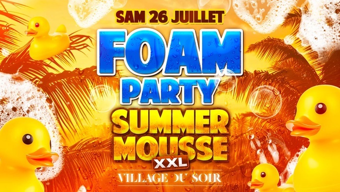 L’image est une affiche festive et colorée pour un événement :

Couleurs dominantes : jaune, orange et bleu, avec une ambiance ensoleillée rappelant l’été et la plage. Le fond montre des silhouettes de palmiers et des bulles de savon qui flottent, ainsi que de la mousse blanche par endroits.
Éléments visuels : plusieurs canards en plastique jaunes (de style jouet de bain) sont placés dans différentes tailles autour de l’affiche, renforçant l’effet ludique et aquatique.
Texte :
En haut, en…