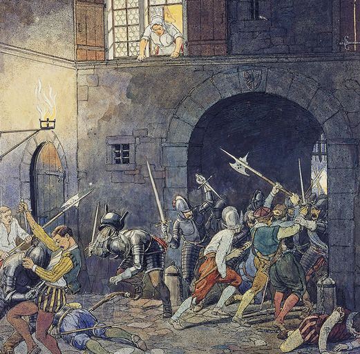 une illustration en couleur qui représente une scène de bataille de L'escalade  avec des soldats en armure et des civiles.