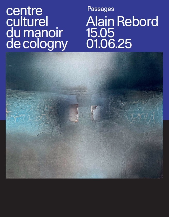image : Alain Rebord / au fil de l’eau Affiche de l'exposition d'Alain Rebord au Centre culturel du Manoir: titre et durée de l'exposition, visuel d'une des oeuvres exposées occupant la majorité de l'image