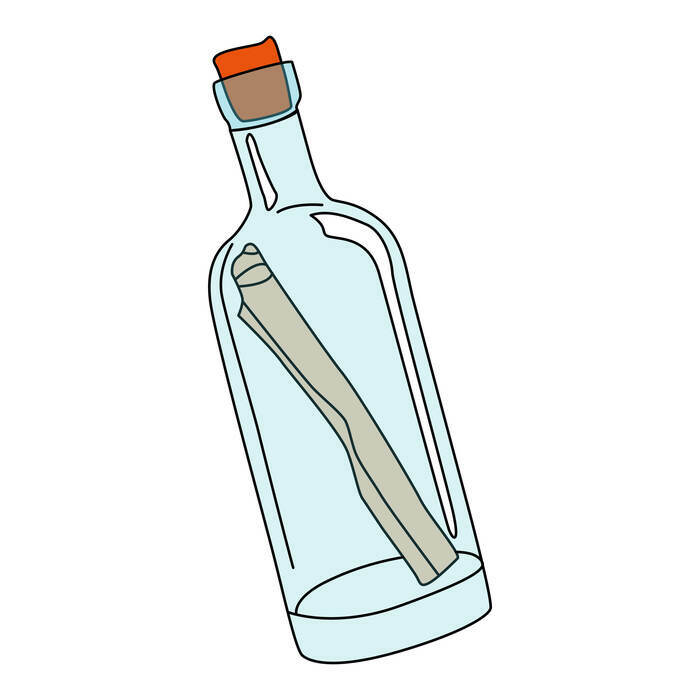 un rouleau de papier dans une bouteille fermée (message à la mer)
