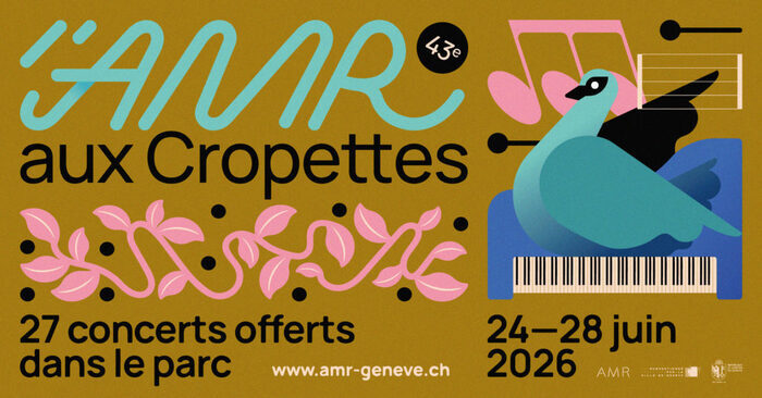 Cette affiche promotionnelle, sur un fond moutarde, annonce la 43e édition de l'événement musical « L'AMR aux Cropettes », qui se déroulera du 24 au 28 juin 2026.