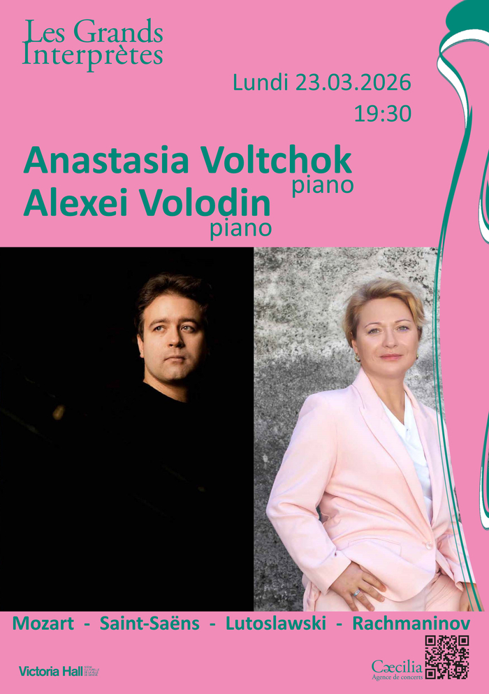 Sur fond rose, affiche de la soirée avec les noms des artistes