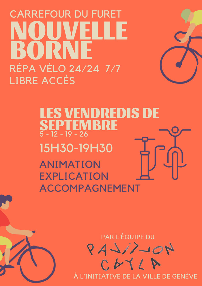 DR On annonce la nouvelle borne de réparation vélo sur un fond orange. Avec deux images de cyclistes. On y explique que les vendredis de septembre entre 15h30 et 19h30 auront lieu des permanences pour expliquer/accompagner les pratiques de réparation à l'aide des outils de la borne.