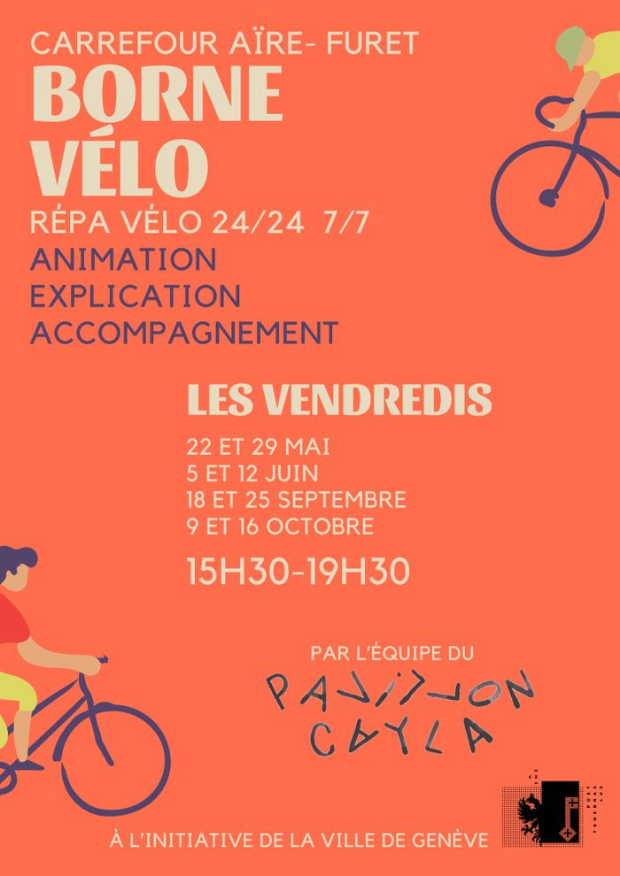 il s'agit d'un flyer sur fond orange avec dans le coin supérieur droit et inférieur gauche des dessins de cyclistes. On retrouve les informations importantes avec les horaires et jours d'atelier au centre de l'affiche en bleu foncé. En bas du flyer figurent les logos de l'association du Pavillon Cayla qui organise l'événement et de la Ville de Genève qui soutient l'événement.