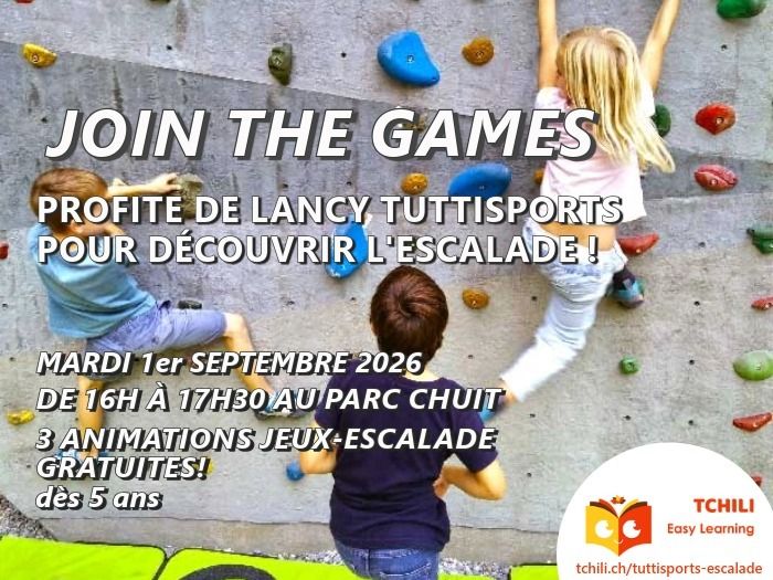 visuel Tchili Easy Learning pour Tuttisports Lancy 2026 représentant des enfants grimpant sur un bloc d'escalade