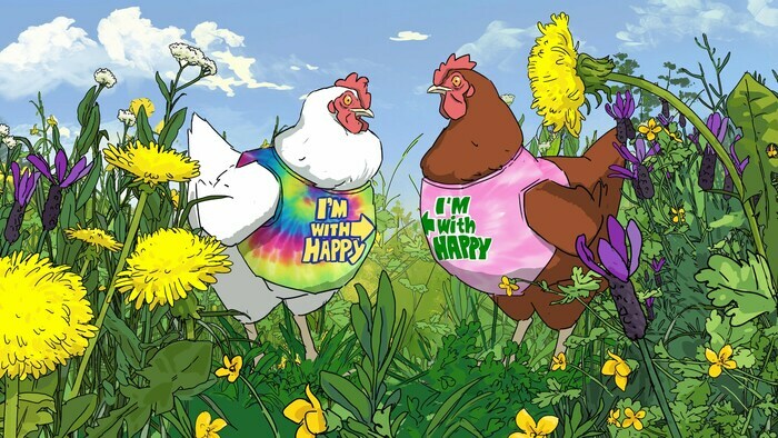 dessin de deux poules portant un t-shirt avec le message "I'm with happy"