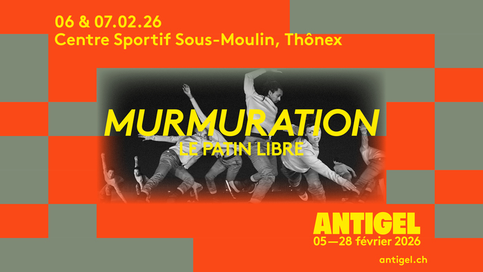 sur un fond rouge et gris, il y a une photo des artistes et les informations de l'événement autour