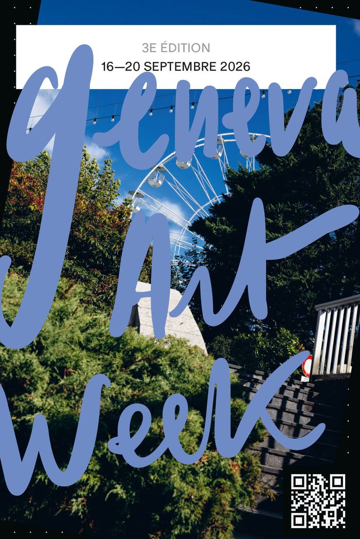Visuel fait d'une photo d'un détail urbain de Genève avec le titre Geneva Art Week en bleu par dessus