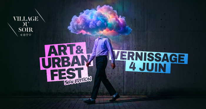 Art & urban festival Vernissage 4 juin Un homme en costume avec comme tête un nuage multicolore.