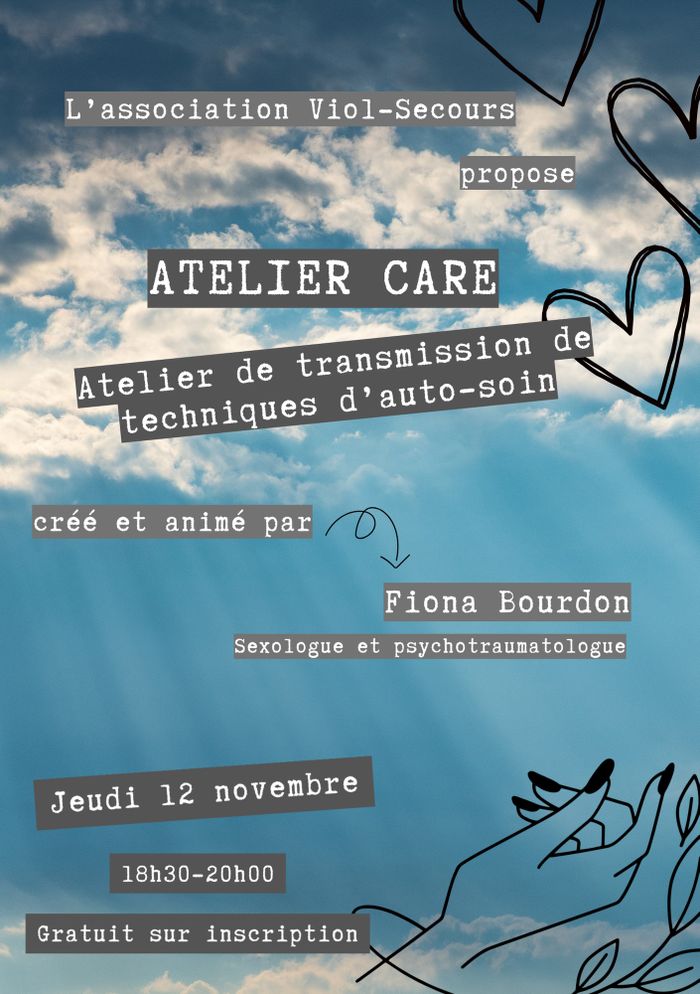 Un fond avec des nuages sur un ciel bleu. Des rayons de soleil sortent des nuages. Des mains dessinées au crayon noir en bas à droite et un cœur en haut à droit de l'image. Un texte (informations sur la salle, le lieu, l'heure, l'animatrice) de description est écrit en police type machine à écrire.