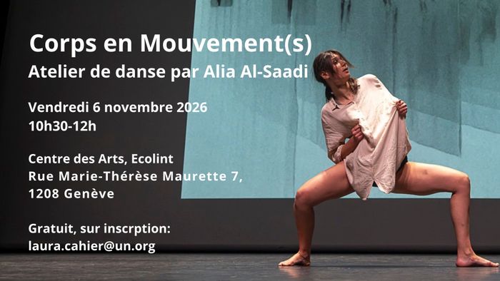 Présentation de l'atelier Corps en Mouvement(s), Atelier de danse par Alia Al-Saadi. Photo d'Alia Al-Saadi en train de danser.