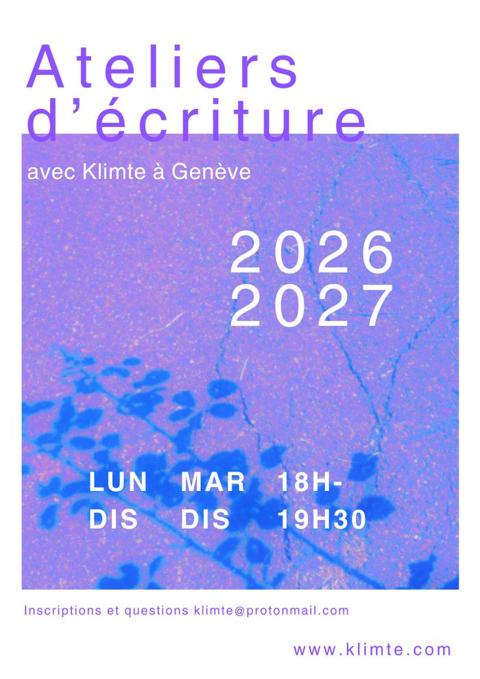 Une affiche mentionnant ateliers d'écriture 2026 2027 sur un fond violet