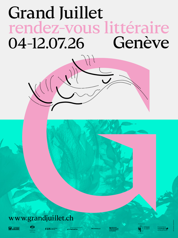 affiche lettre G de couleur rose sur fond vert et fleur de Doryantes Palmeri titre et dates du festival dans la partie supérieure