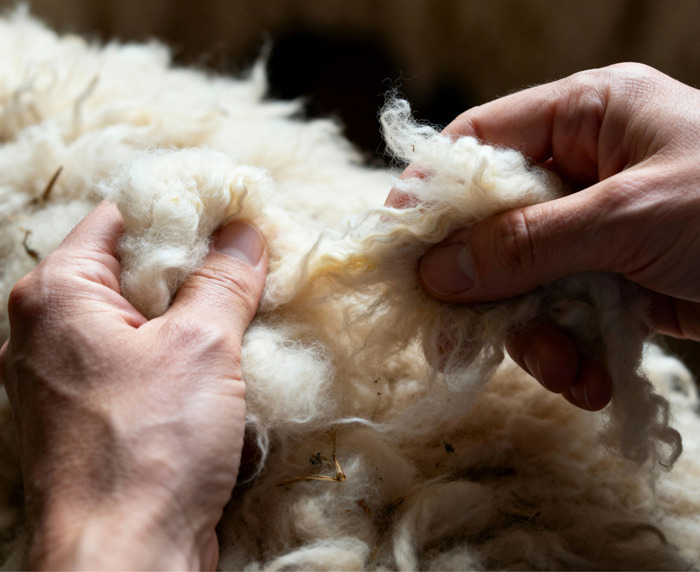 Une personne met ses mains dans la laine
