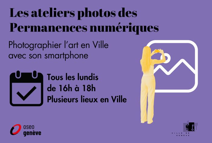 Visuel illustrant les ateliers "photographier l'art en Ville avec son smartphone" avec une personne en train de photographier le coucher de soleil vers une montagne qui est un pictogramme.