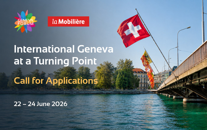 Vue du pont du Mont-Blanc à Genève avec les drapeaux suisse et genevois. Visuel annonçant l'atelier « Shape the Future » et son appel à candidatures.