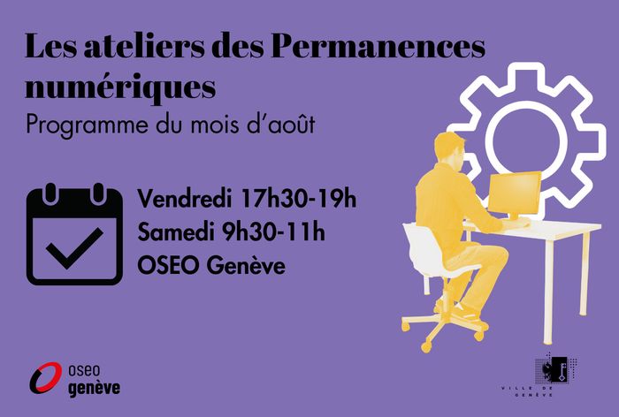 Visuels présentant les ateliers des Permanences numériques du mois d'août avec un homme assis à un bureau avec un ordinateur et un pictogramme de rouage pour représenter les réglages en arrière-plan.