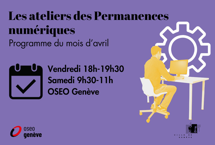 Visuel avec un texte qui mentionne les ateliers des Permanences numérique avec le Programme de mars. Un homme est assis à un bureau et travaille sur un ordinateur.