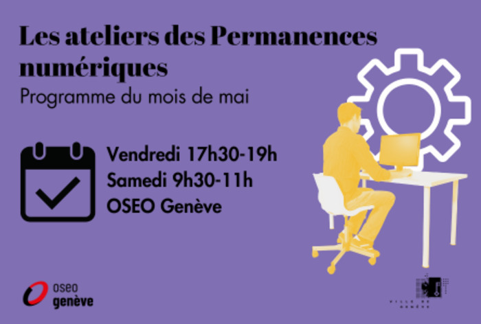 Visuel présentant le programme du mois de mai des ateliers des Permanences numériques avec un personnage assis devant un ordinateur et un pictogramme de rouage pour exprimer les réglage.