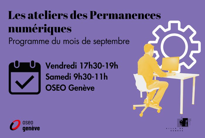 Visuels présentant les ateliers des Permanences numériques du mois de septembre avec un homme assis à un bureau avec un ordinateur et un pictogramme de rouage pour représenter les réglages en arrière-plan.