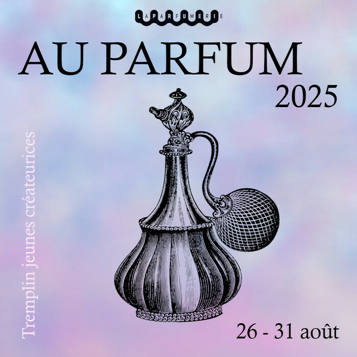 Bastien Blanchard Un vieux flacon de parfum noir sur fond coloré rose et bleu
