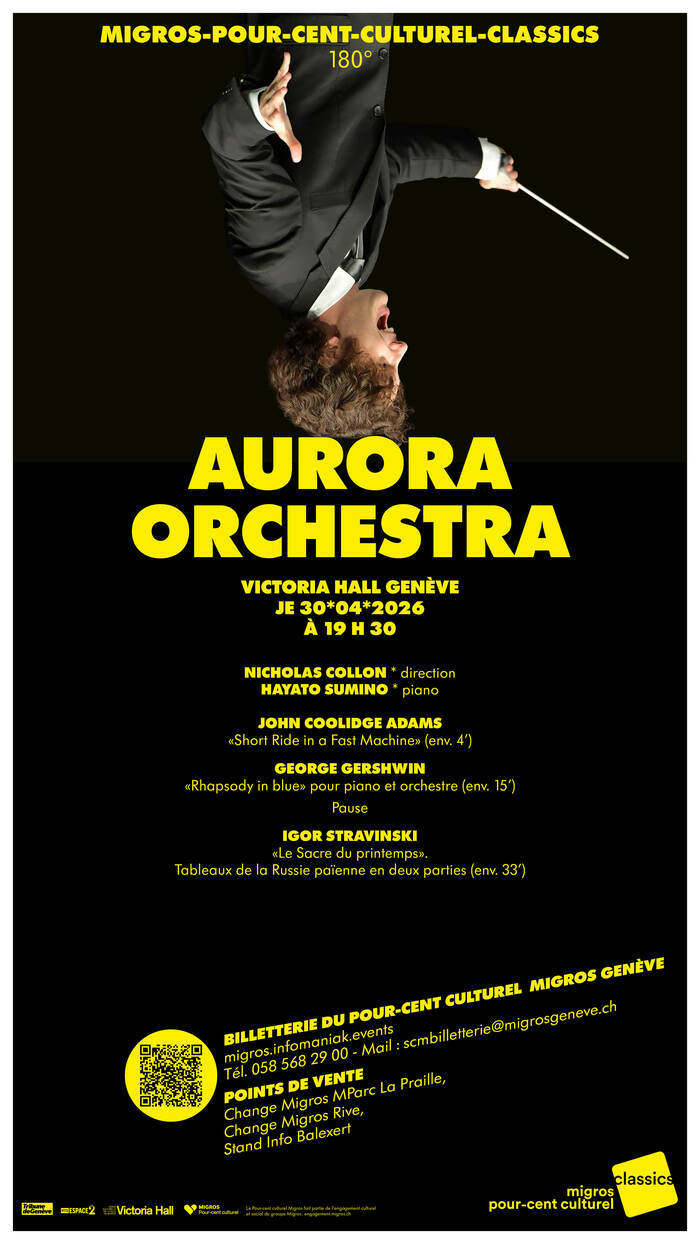 Affiche du concert, sur fond noir et avec le chef Nicholas Collon la tête à l’envers