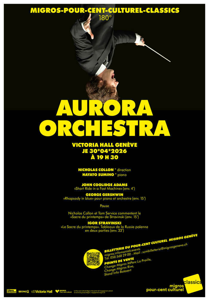 Sandy Dubois Affiche du concert, sur fond noir et avec le chef Nicholas Collon la tête à l'envers.