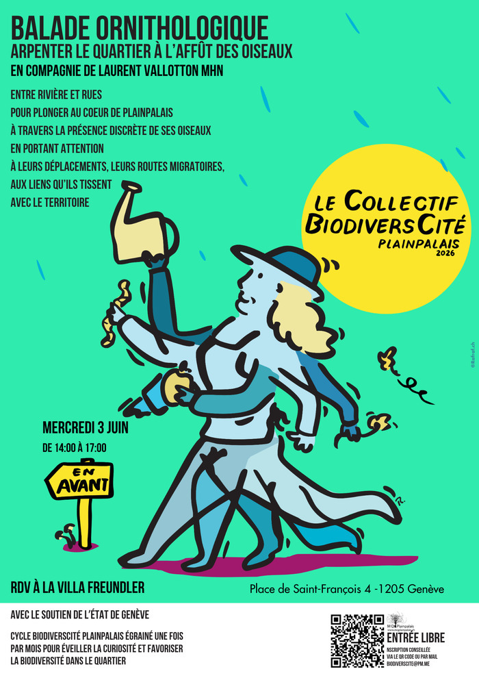 Un personnage sur un fond vert, parsemé de gouttes d'eau, va de l'avant (panneau : en avant) invitant à prendre attention à la biodiversité qui partage son territoire, portant arrosoir, lombric et fleur avec un soleil dans lequel est inscrit le nom du collectif BiodiversCité.
