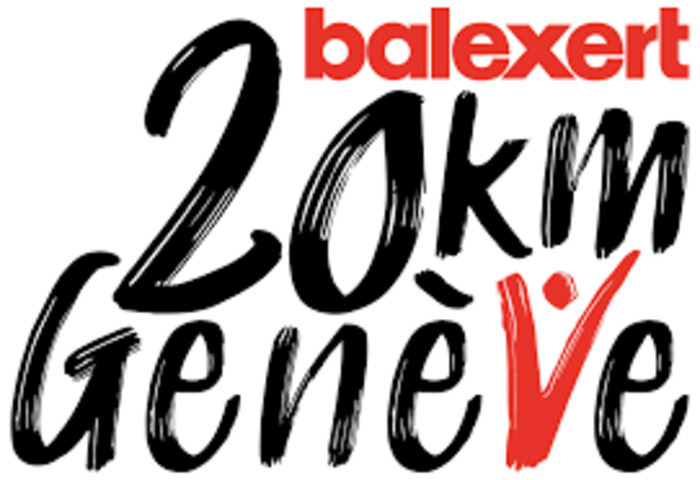 L’image montre un logo coloré et dynamique. En haut, on lit le mot « balexert » écrit en rouge avec des lettres droites et simples. En dessous, les mots « 20 km Genève » apparaissent en noir. Le mot Genève est écrit en plus large, et la lettre V est remplacée par une silhouette stylisée d’une personne qui lève les bras en rouge, évoquant la victoire, l’énergie ou la joie.