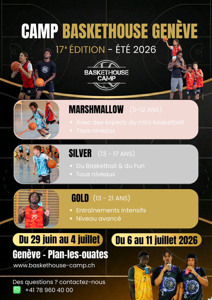 Photos de joueurs de basket, descriptif des camps par âge, dates et lieu des camps. No de téléphone et site internet de l'organisateur.