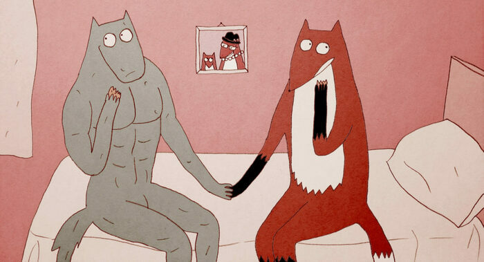 un loup et un renard, dessinés similaire à des silhouettes humaines, assis sur un lit