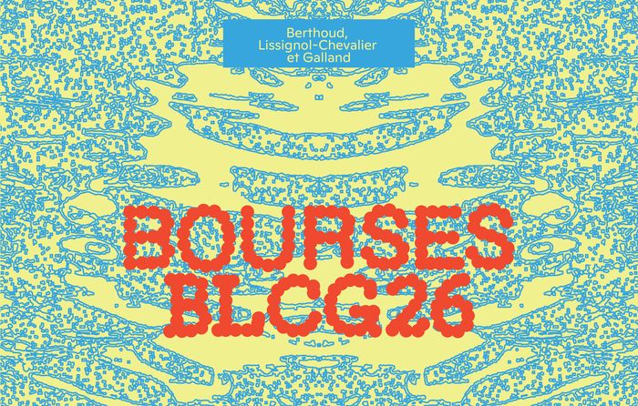 Visuel de l'exposition, fond jaune avec fins motifs pixelisés bleu, et typographie pointillée orange.