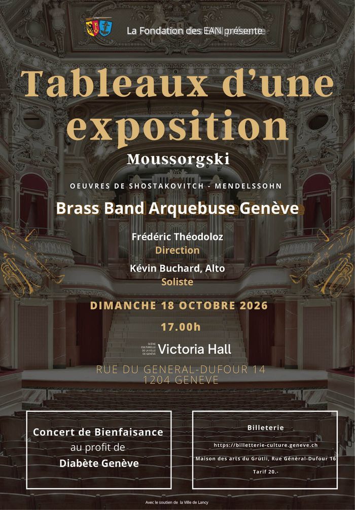 Vue de la scène du Victoria Hall, sans public, sans orchestre et les infos pour la soirée