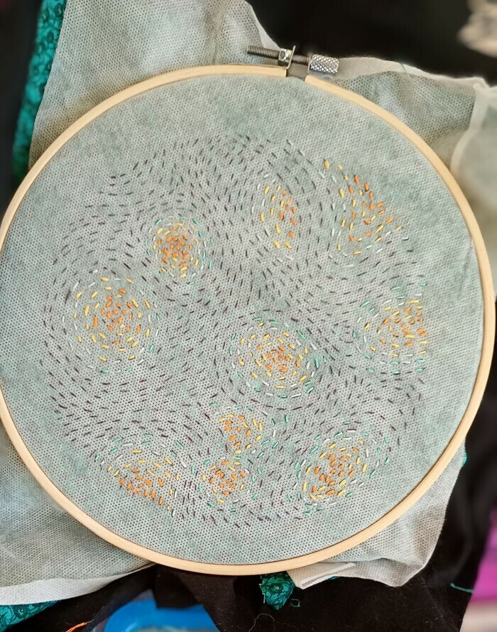 Stéphanie Toro, à partir du projet de broderie inspiré du tableau "Ciel étoilé" de Van Gogh (avril 2025) Un cercle de broderie au dessin plein de petits traits qui tournent pour former des cercles et des remous (les étoiles de Van Gogh)