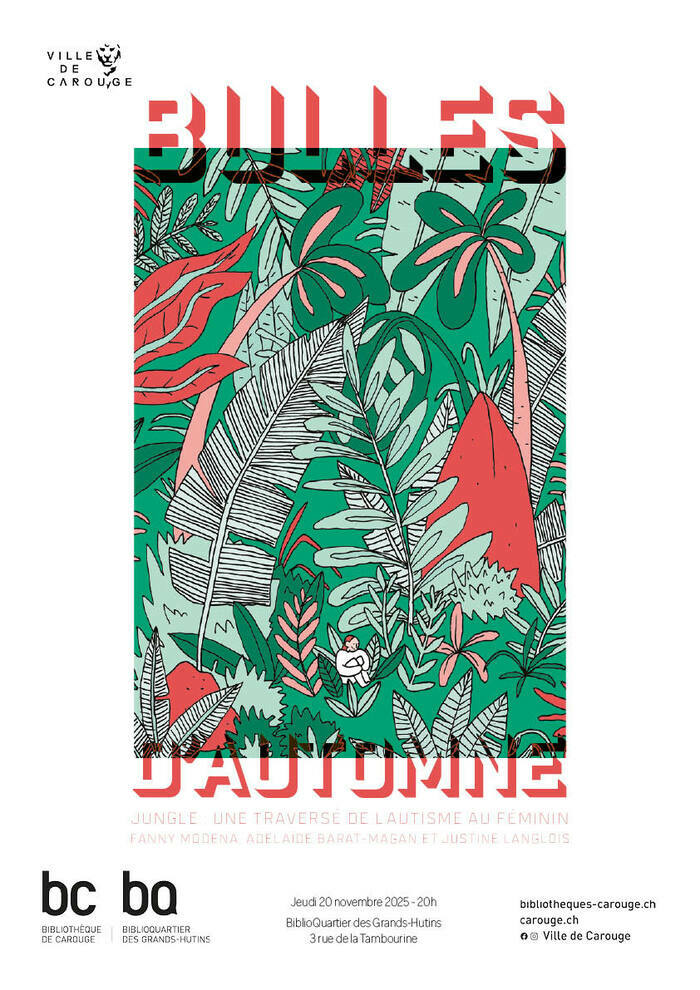 Jeune femme recroquevillée au milieu d'une forêt luxuriante, le tout dans des tons de verts et de rouge.