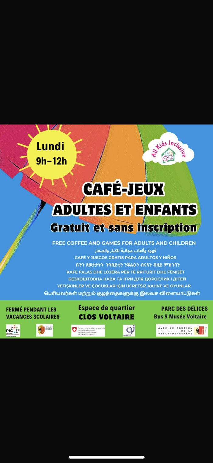 ALL KIDS INCLUSIVE Accueil adultes enfants de (0-5 ans0) tous les lundis matinS de 9h à 12h à l'Espace de quartier Clos Voltaire. Gratuit et sans inscription !