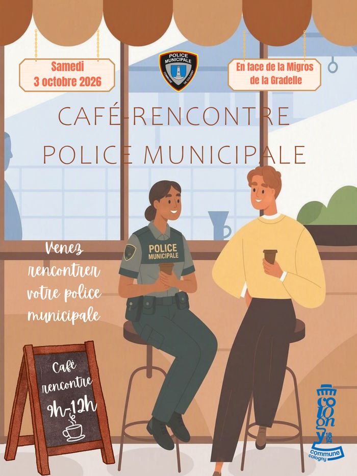 illustration d'une agente de police municipale et d'un citoyen discutant ensemble en buvant un café