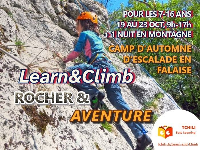 Visuel du camp d'escalade d'automne Learn&Climb illustrant un enfant grimpant en falaise