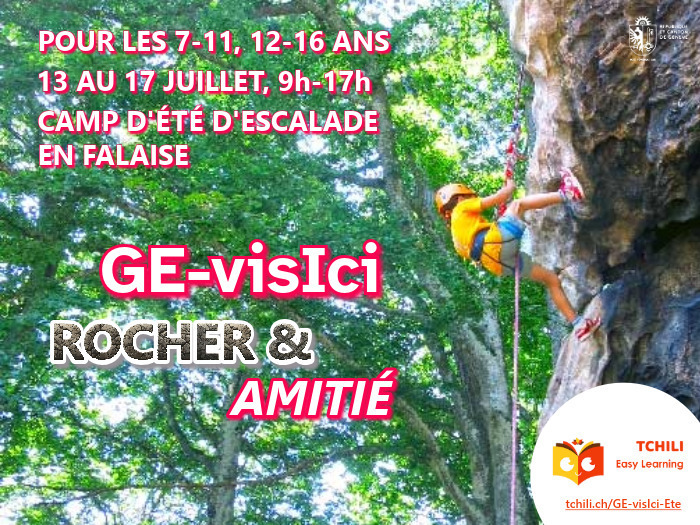 Un enfant descendant en rappel d'une falaise au milieu d'une forêt de hêtres.