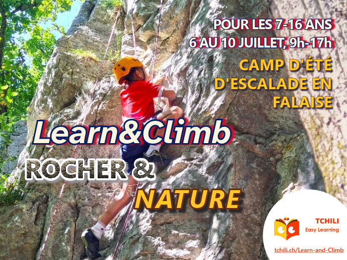 Jeune grimpant en falaise pendant un camp Tchili Easy Learning