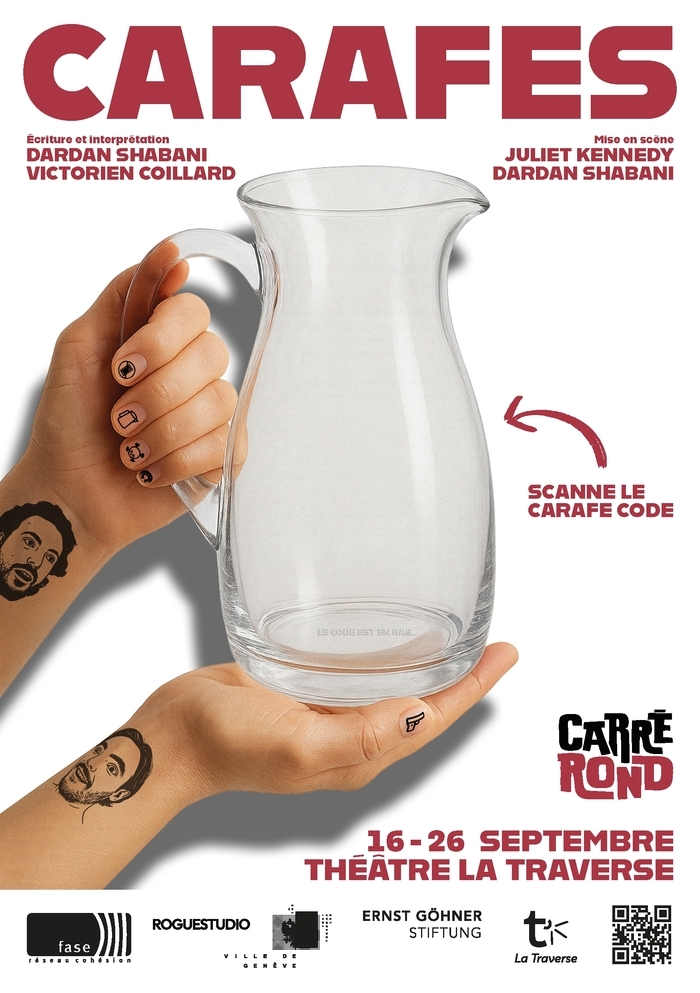 Deux mains qui tiennent une carafe, les dates du spectacle du 16 au 26 septembre 2025.