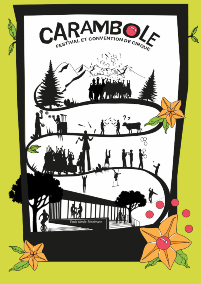 Association Collectif Les Boutures Affiche de l'événement avec des silhouettes de personnages qui pratiquent le cirque.